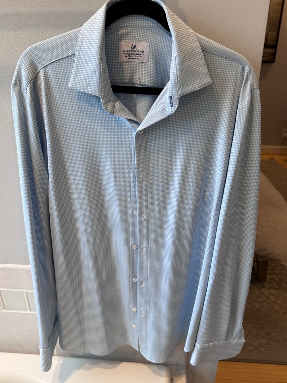 MIZEN+MAIN LIGHT BLUE GINGHAM SPORT SHIRT, LARGE SLIM FIT